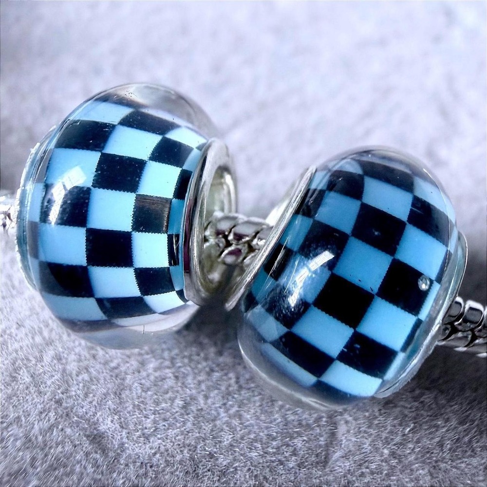 2PCs Blue Black Checkered Charm Bead fits PANDORA